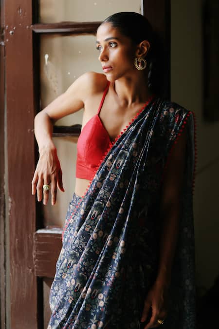 Shop_Megha Pitti_Blue Denim, Silk Floral Print Pre-stitched Saree With Blouse Piece _Online_at_Aza_Fashions