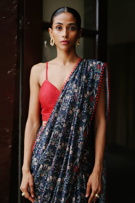 Megha Pitti_Blue Denim, Silk Floral Print Pre-stitched Saree With Blouse Piece _at_Aza_Fashions