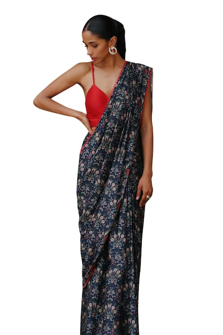 Buy_Megha Pitti_Blue Denim, Silk Floral Print Pre-stitched Saree With Blouse Piece 