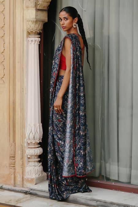 Shop_Megha Pitti_Blue Denim, Silk Floral Print Pre-stitched Saree With Blouse Piece 