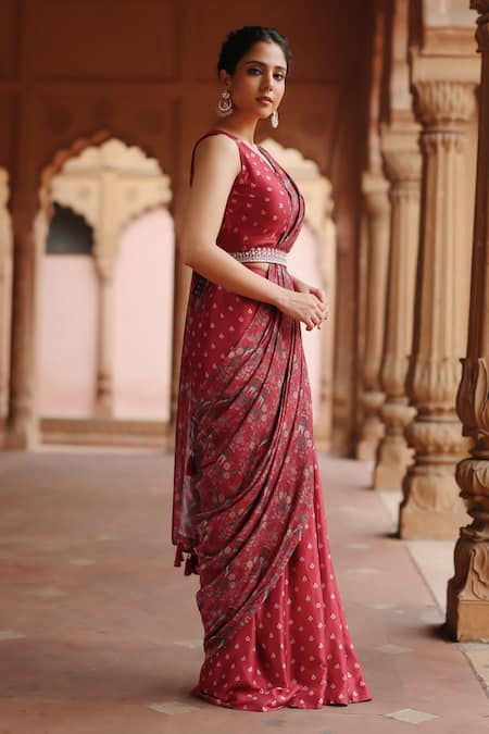 Megha Pitti_Red Silk, Cotton Flower Print Pre-stitched Saree With Blouse Piece _Online_at_Aza_Fashions