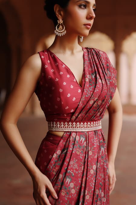 Buy_Megha Pitti_Red Silk, Cotton Flower Print Pre-stitched Saree With Blouse Piece _Online_at_Aza_Fashions