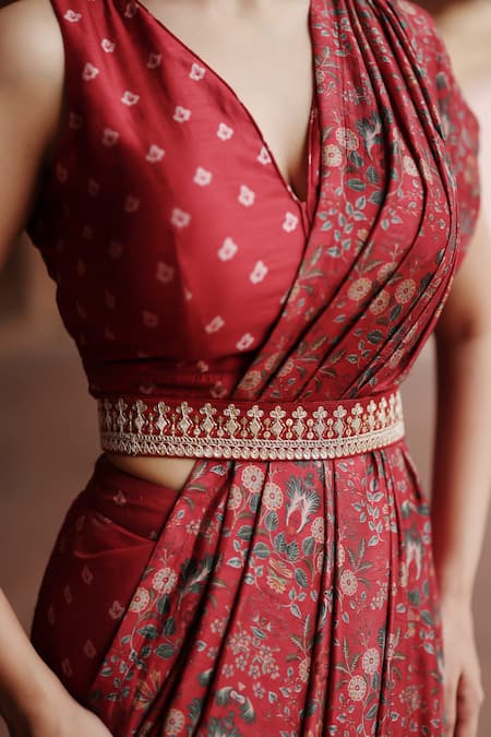 Shop_Megha Pitti_Red Silk, Cotton Flower Print Pre-stitched Saree With Blouse Piece _Online_at_Aza_Fashions