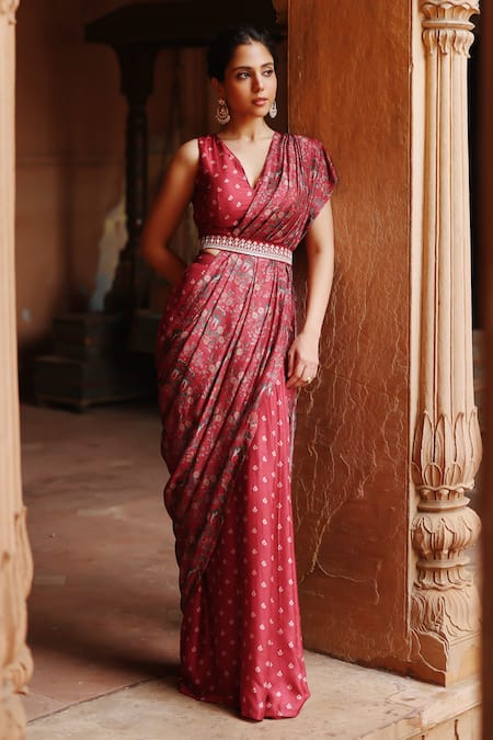 Megha Pitti_Red Silk, Cotton Flower Print Pre-stitched Saree With Blouse Piece _at_Aza_Fashions