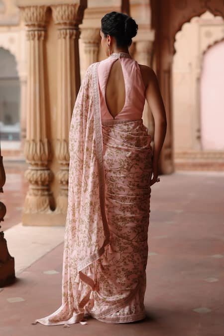 Shop Megha Pitti Pink Silk Botanical Print Saree With Unstitched Blouse Piece at Aza Fashions Shop_Megha Pitti_Pink Silk Botanical Print Saree With Unstitched Blouse Piece _at_Aza_Fashions