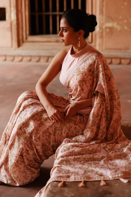 Buy Megha Pitti Pink Silk Botanical Print Saree With Unstitched Blouse Piece Online at Aza Fashions Buy_Megha Pitti_Pink Silk Botanical Print Saree With Unstitched Blouse Piece _Online_at_Aza_Fashions