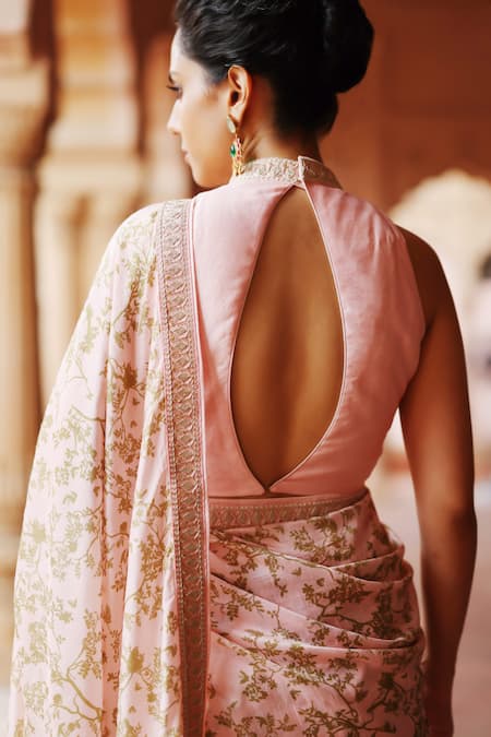 Shop Megha Pitti Pink Silk Botanical Print Saree With Unstitched Blouse Piece Online at Aza Fashions Shop_Megha Pitti_Pink Silk Botanical Print Saree With Unstitched Blouse Piece _Online_at_Aza_Fashions