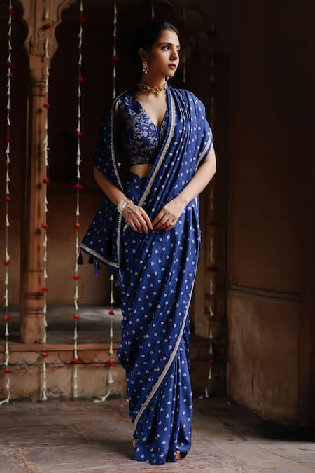 Megha Pitti Blossom Print Pre-Stitched Saree With Unstitched Blouse Piece 