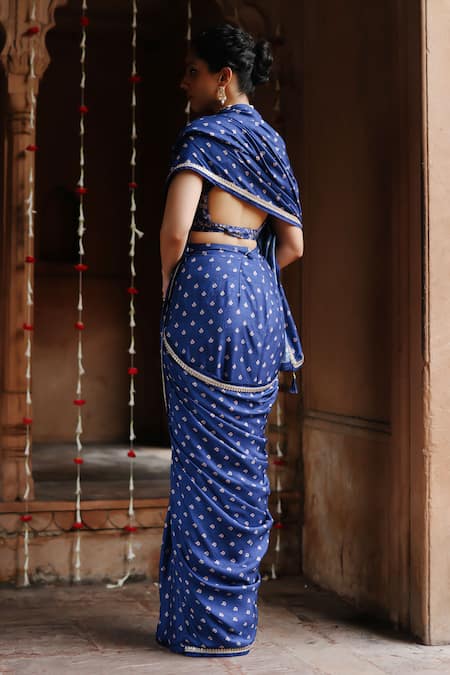 Shop Megha Pitti Blue Denim, Silk Blossom Print Pre-stitched Saree With Blouse Piece at Aza Fashions Shop_Megha Pitti_Blue Denim, Silk Blossom Print Pre-stitched Saree With Blouse Piece _at_Aza_Fashions