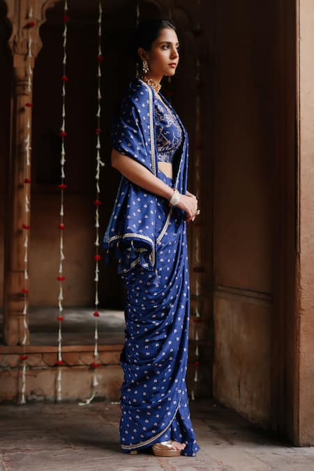 Megha Pitti Blue Denim, Silk Blossom Print Pre-stitched Saree With Blouse Piece Online at Aza Fashions Megha Pitti_Blue Denim, Silk Blossom Print Pre-stitched Saree With Blouse Piece _Online_at_Aza_Fashions