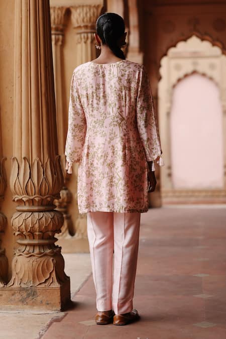 Shop Megha Pitti Pink Silk Embroidery Split V-neck Ambrosia Print Yoke Kurta With Pant at Aza Fashions Shop_Megha Pitti_Pink Silk Embroidery Split V-neck Ambrosia Print Yoke Kurta With Pant _at_Aza_Fashions