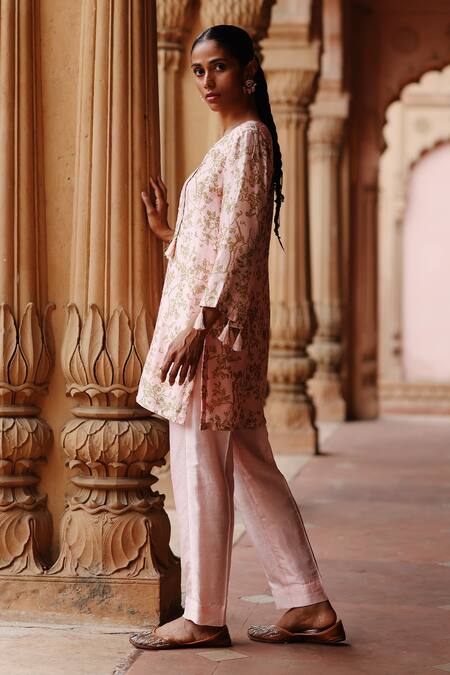 Buy Megha Pitti Pink Silk Embroidery Split V-neck Ambrosia Print Yoke Kurta With Pant Online at Aza Fashions Buy_Megha Pitti_Pink Silk Embroidery Split V-neck Ambrosia Print Yoke Kurta With Pant _Online_at_Aza_Fashions
