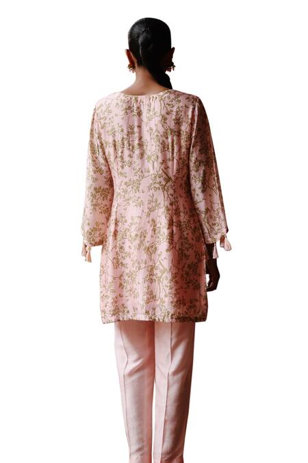 Shop Megha Pitti Pink Silk Embroidery Split V-neck Ambrosia Print Yoke Kurta With Pant Online at Aza Fashions Shop_Megha Pitti_Pink Silk Embroidery Split V-neck Ambrosia Print Yoke Kurta With Pant _Online_at_Aza_Fashions