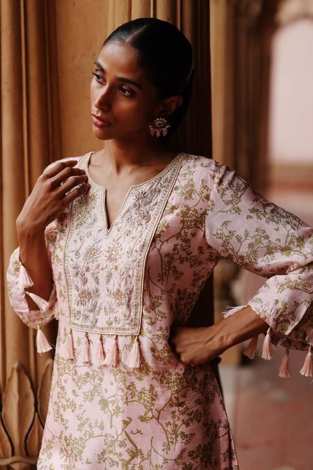 Megha Pitti Pink Silk Embroidery Split V-neck Ambrosia Print Yoke Kurta With Pant at Aza Fashions Megha Pitti_Pink Silk Embroidery Split V-neck Ambrosia Print Yoke Kurta With Pant _at_Aza_Fashions