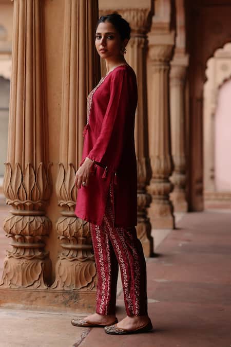 Buy Megha Pitti Magenta Silk Tassels, Sequins Split Bloom Embroidered Yoke Kurta With Pant Online at Aza Fashions Buy_Megha Pitti_Magenta Silk Tassels, Sequins Split Bloom Embroidered Yoke Kurta With Pant _Online_at_Aza_Fashions