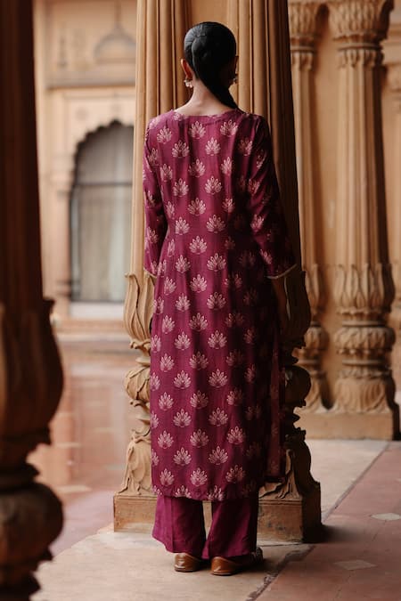 Shop Megha Pitti Wine Silk Sequins, Embroidery Boat Neck Padma Motif Embellished Kurta With Pant at Aza Fashions Shop_Megha Pitti_Wine Silk Sequins, Embroidery Boat Neck Padma Motif Embellished Kurta With Pant _at_Aza_Fashions