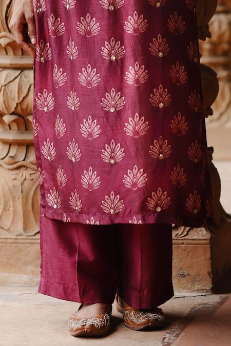 Megha Pitti Wine Silk Sequins, Embroidery Boat Neck Padma Motif Embellished Kurta With Pant Online at Aza Fashions Megha Pitti_Wine Silk Sequins, Embroidery Boat Neck Padma Motif Embellished Kurta With Pant _Online_at_Aza_Fashions