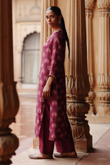 Buy Megha Pitti Wine Silk Sequins, Embroidery Boat Neck Padma Motif Embellished Kurta With Pant Online at Aza Fashions Buy_Megha Pitti_Wine Silk Sequins, Embroidery Boat Neck Padma Motif Embellished Kurta With Pant _Online_at_Aza_Fashions