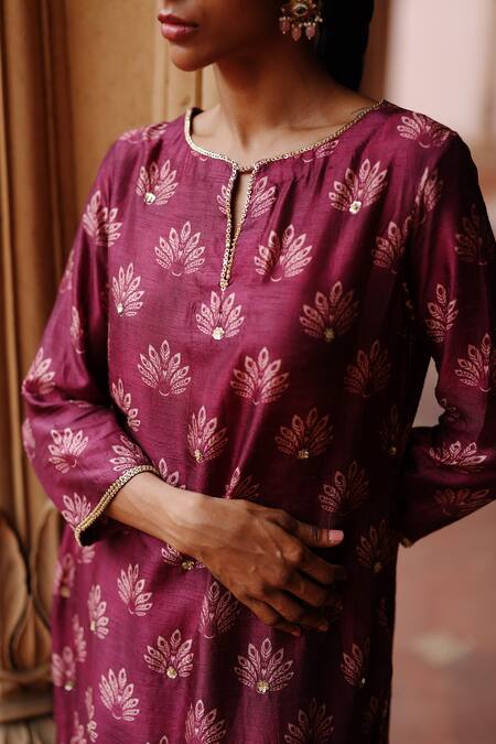 Shop Megha Pitti Wine Silk Sequins, Embroidery Boat Neck Padma Motif Embellished Kurta With Pant Online at Aza Fashions Shop_Megha Pitti_Wine Silk Sequins, Embroidery Boat Neck Padma Motif Embellished Kurta With Pant _Online_at_Aza_Fashions