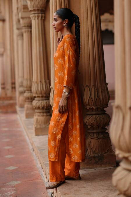 Buy Megha Pitti Orange Silk Embroidery, Sequins Boat Lotus Motif Embellished Kurta With Pant Online at Aza Fashions Buy_Megha Pitti_Orange Silk Embroidery, Sequins Boat Lotus Motif Embellished Kurta With Pant _Online_at_Aza_Fashions