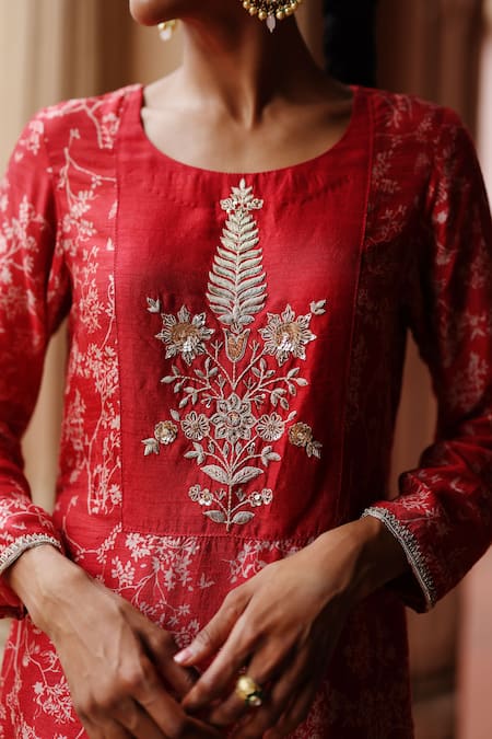 Shop_Megha Pitti_Red Silk Zari, Embroidery Round Neck Flora Print Yoke Kurta With Pant _Online_at_Aza_Fashions