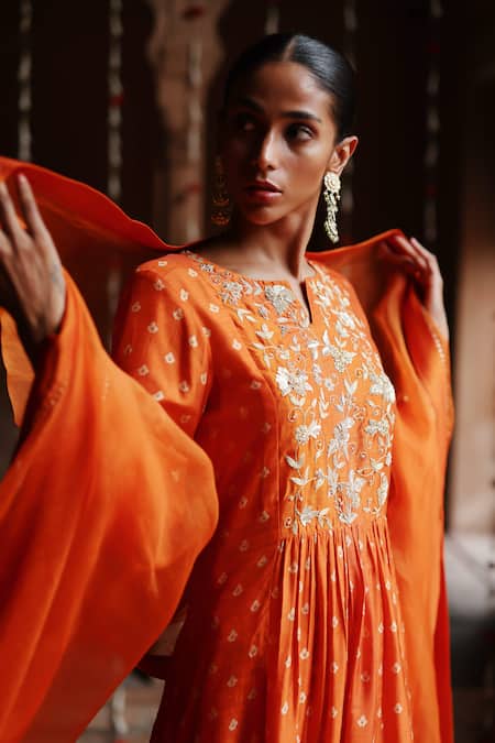 Buy Megha Pitti Orange Silk, Organza Embroidery, Sequins Clover Bloom Print Yoke Kurta Pant Set Online at Aza Fashions Buy_Megha Pitti_Orange Silk, Organza Embroidery, Sequins Clover Bloom Print Yoke Kurta Pant Set _Online_at_Aza_Fashions
