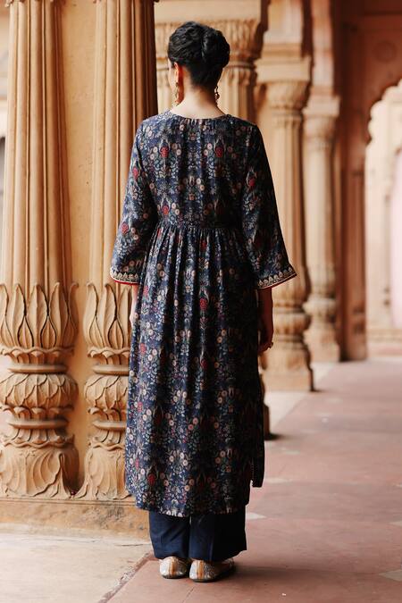 Shop Megha Pitti Blue Denim, Silk Sequins V-neck Midnight Bloom Print Aliya Cut Kurta With Pant at Aza Fashions Shop_Megha Pitti_Blue Denim, Silk Sequins V-neck Midnight Bloom Print Aliya Cut Kurta With Pant _at_Aza_Fashions