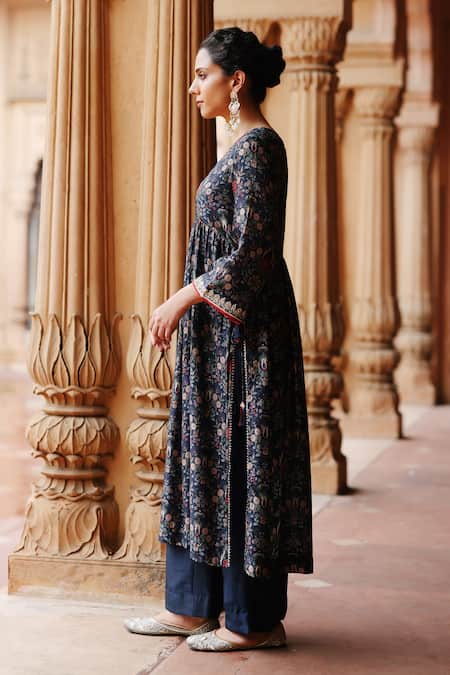 Megha Pitti Blue Denim, Silk Sequins V-neck Midnight Bloom Print Aliya Cut Kurta With Pant Online at Aza Fashions Megha Pitti_Blue Denim, Silk Sequins V-neck Midnight Bloom Print Aliya Cut Kurta With Pant _Online_at_Aza_Fashions