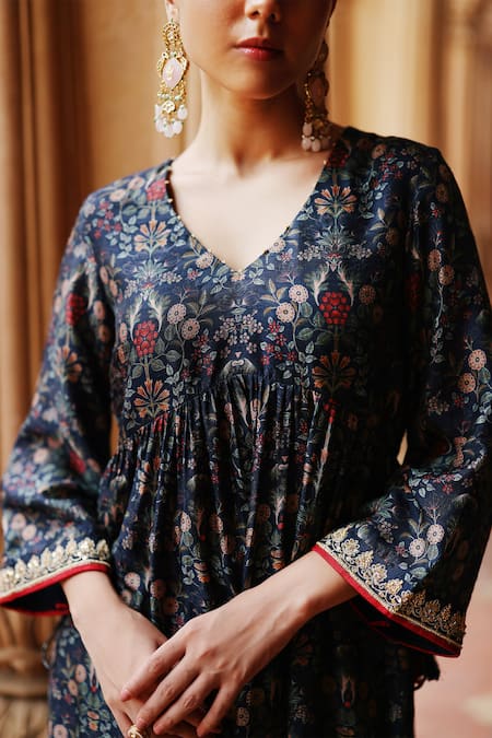 Buy Megha Pitti Blue Denim, Silk Sequins V-neck Midnight Bloom Print Aliya Cut Kurta With Pant Online at Aza Fashions Buy_Megha Pitti_Blue Denim, Silk Sequins V-neck Midnight Bloom Print Aliya Cut Kurta With Pant _Online_at_Aza_Fashions