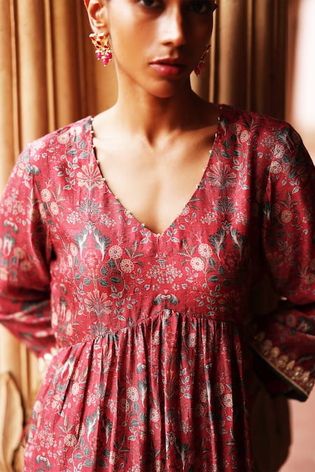 Buy Megha Pitti Red Silk Sequins V-neck Midnight Blossom Print Aliya Cut Kurta With Pant Online at Aza Fashions Buy_Megha Pitti_Red Silk Sequins V-neck Midnight Blossom Print Aliya Cut Kurta With Pant _Online_at_Aza_Fashions
