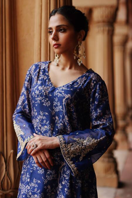 Buy Megha Pitti Blue Silk Sequins, Zari Gardenia Bloom Print Embroidered Sleeves Kurta With Pant Online at Aza Fashions Buy_Megha Pitti_Blue Silk Sequins, Zari Gardenia Bloom Print Embroidered Sleeves Kurta With Pant _Online_at_Aza_Fashions
