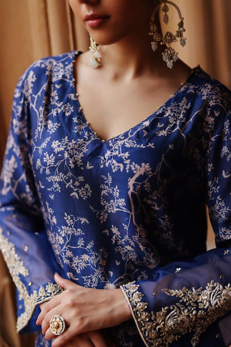 Shop Megha Pitti Blue Silk Sequins, Zari Gardenia Bloom Print Embroidered Sleeves Kurta With Pant Online at Aza Fashions Shop_Megha Pitti_Blue Silk Sequins, Zari Gardenia Bloom Print Embroidered Sleeves Kurta With Pant _Online_at_Aza_Fashions