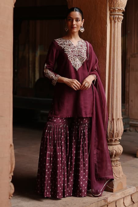 Megha Pitti Wine Dupion Silk Yoke Lining Shantoon Embroidery Dori Fleur Kurta Sharara Set 