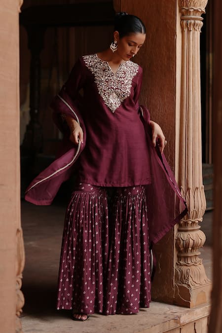 Megha Pitti Wine Silk Embroidery Split V-neck Fleur Kurta Sharara Set Online at Aza Fashions Megha Pitti_Wine Silk Embroidery Split V-neck Fleur Kurta Sharara Set _Online_at_Aza_Fashions