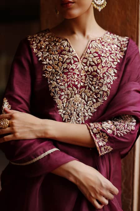 Buy Megha Pitti Wine Silk Embroidery Split V-neck Fleur Kurta Sharara Set Online at Aza Fashions Buy_Megha Pitti_Wine Silk Embroidery Split V-neck Fleur Kurta Sharara Set _Online_at_Aza_Fashions
