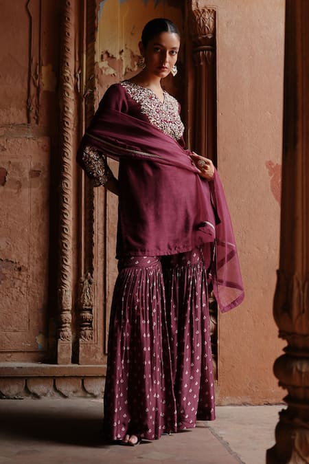 Shop Megha Pitti Wine Silk Embroidery Split V-neck Fleur Kurta Sharara Set Online at Aza Fashions Shop_Megha Pitti_Wine Silk Embroidery Split V-neck Fleur Kurta Sharara Set _Online_at_Aza_Fashions