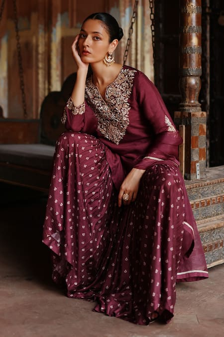 Buy Megha Pitti Wine Silk Embroidery Split V-neck Fleur Kurta Sharara Set Buy_Megha Pitti_Wine Silk Embroidery Split V-neck Fleur Kurta Sharara Set