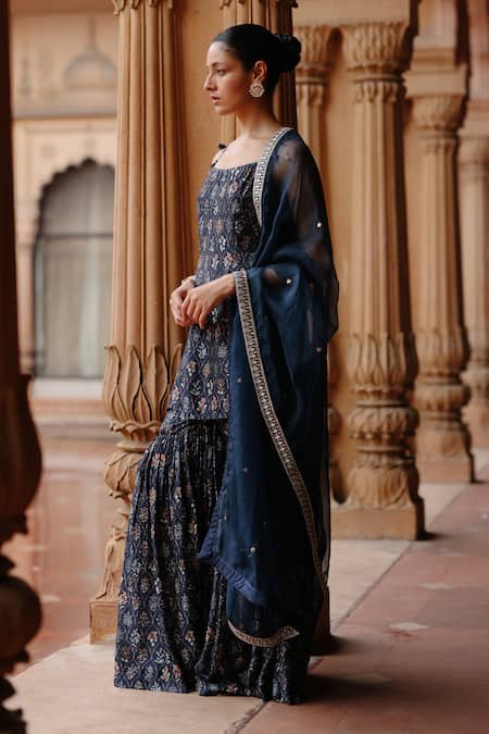 Megha Pitti_Blue Silk Tassels, Embroidery Scoop Bloom Jaal Print Spaghetti Kurta Sharara Set _Online_at_Aza_Fashions