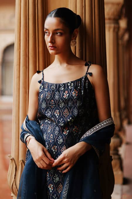 Shop_Megha Pitti_Blue Silk Tassels, Embroidery Scoop Bloom Jaal Print Spaghetti Kurta Sharara Set _Online_at_Aza_Fashions