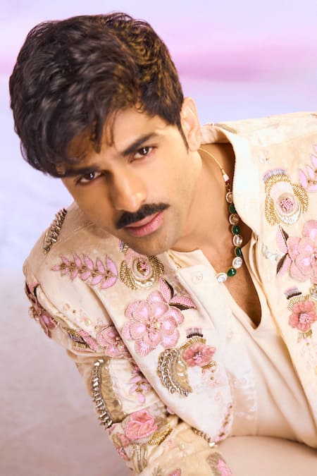 PS Men By Payal Singhal_Cream Embroidery 3d Floral Jacket And Kurta Set_Online_at_Aza_Fashions