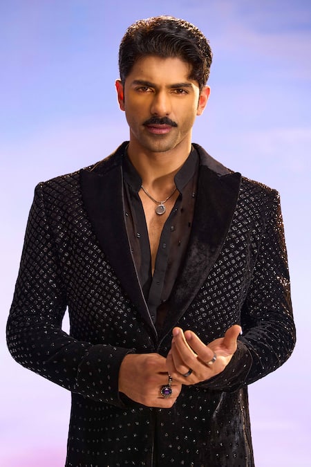 Shop Sawan Gandhi Black Jacket Velvet Embroidered Cutdana Work And Pant Set at Aza Fashions Shop_Sawan Gandhi_Black Jacket Velvet Embroidered Cutdana Work And Pant Set_at_Aza_Fashions