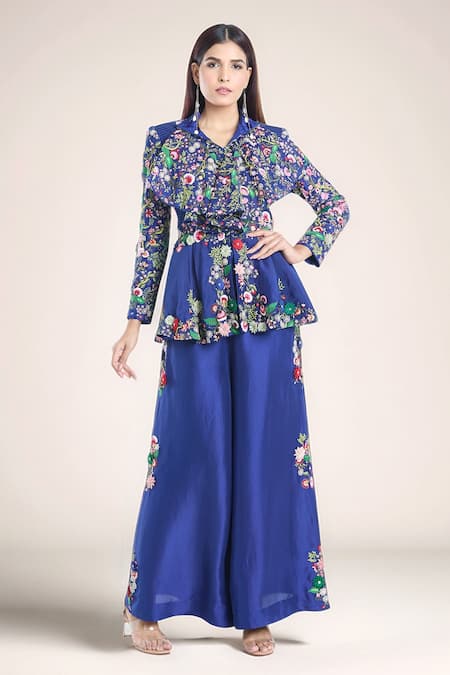 Anamika Khanna Floral Embroidered Peplum Top & Palazzo Set 