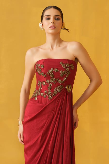 Shop_Abstract By Megha Jain Madaan_Red Silk, Jersey, Cotton Embroidery, Sequins, Floral Embellished Draped Dress _at_Aza_Fashions