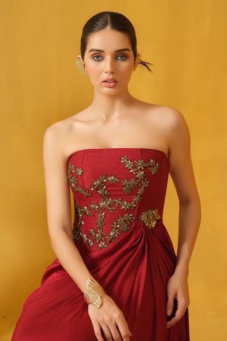 Abstract By Megha Jain Madaan_Red Silk, Jersey, Cotton Embroidery, Sequins, Floral Embellished Draped Dress _Online_at_Aza_Fashions