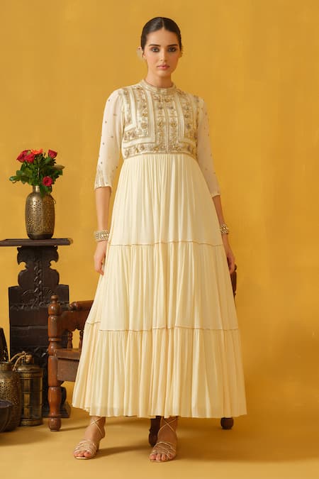 ABSTRACT BY MEGHA JAIN MADAAN Off White Chinnon Embellished Pipes Band Bead Tiered Dress 