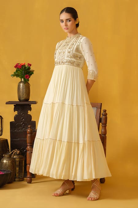 Abstract By Megha Jain Madaan_Off White Chiffon, Cotton Beads Bandeau Neck Embellished Tiered Dress _Online_at_Aza_Fashions