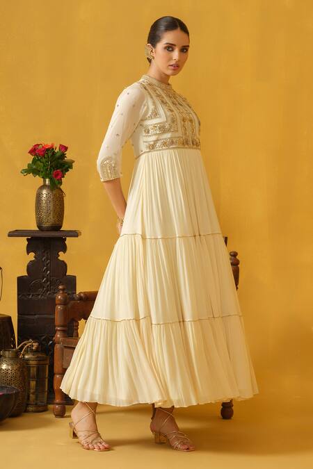 Buy_Abstract By Megha Jain Madaan_Off White Chiffon, Cotton Beads Bandeau Neck Embellished Tiered Dress _Online_at_Aza_Fashions