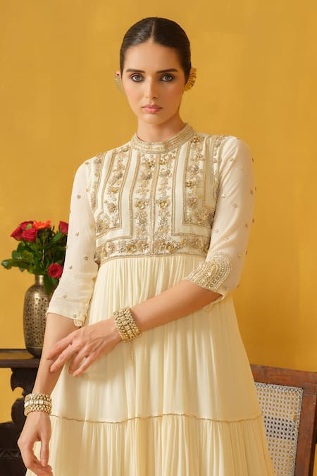 Shop_Abstract By Megha Jain Madaan_Off White Chiffon, Cotton Beads Bandeau Neck Embellished Tiered Dress _Online_at_Aza_Fashions