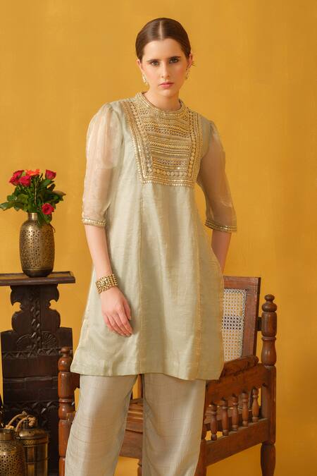 Abstract By Megha Jain Madaan_Green Cotton, Silk, Organza Pearls, Sequins, Embellished Kurta With Jogger Pant _Online_at_Aza_Fashions