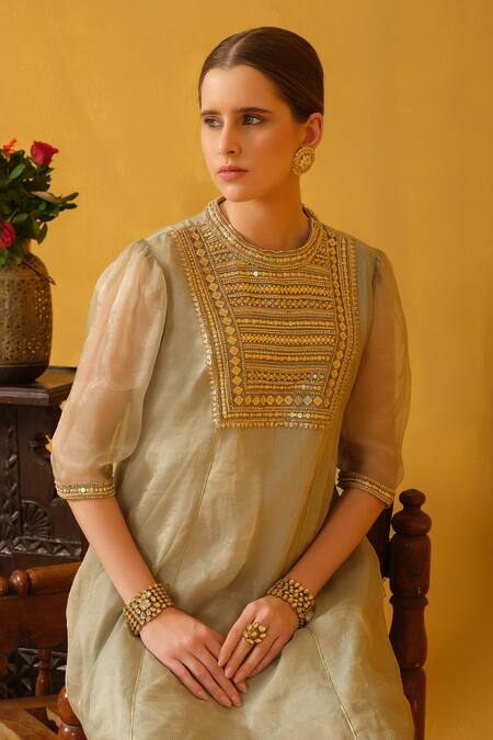 Buy_Abstract By Megha Jain Madaan_Green Cotton, Silk, Organza Pearls, Sequins, Embellished Kurta With Jogger Pant _Online_at_Aza_Fashions